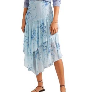 NEW LoveShackFancy Silk Tiered Midi Skirt Blue Floral Size Small